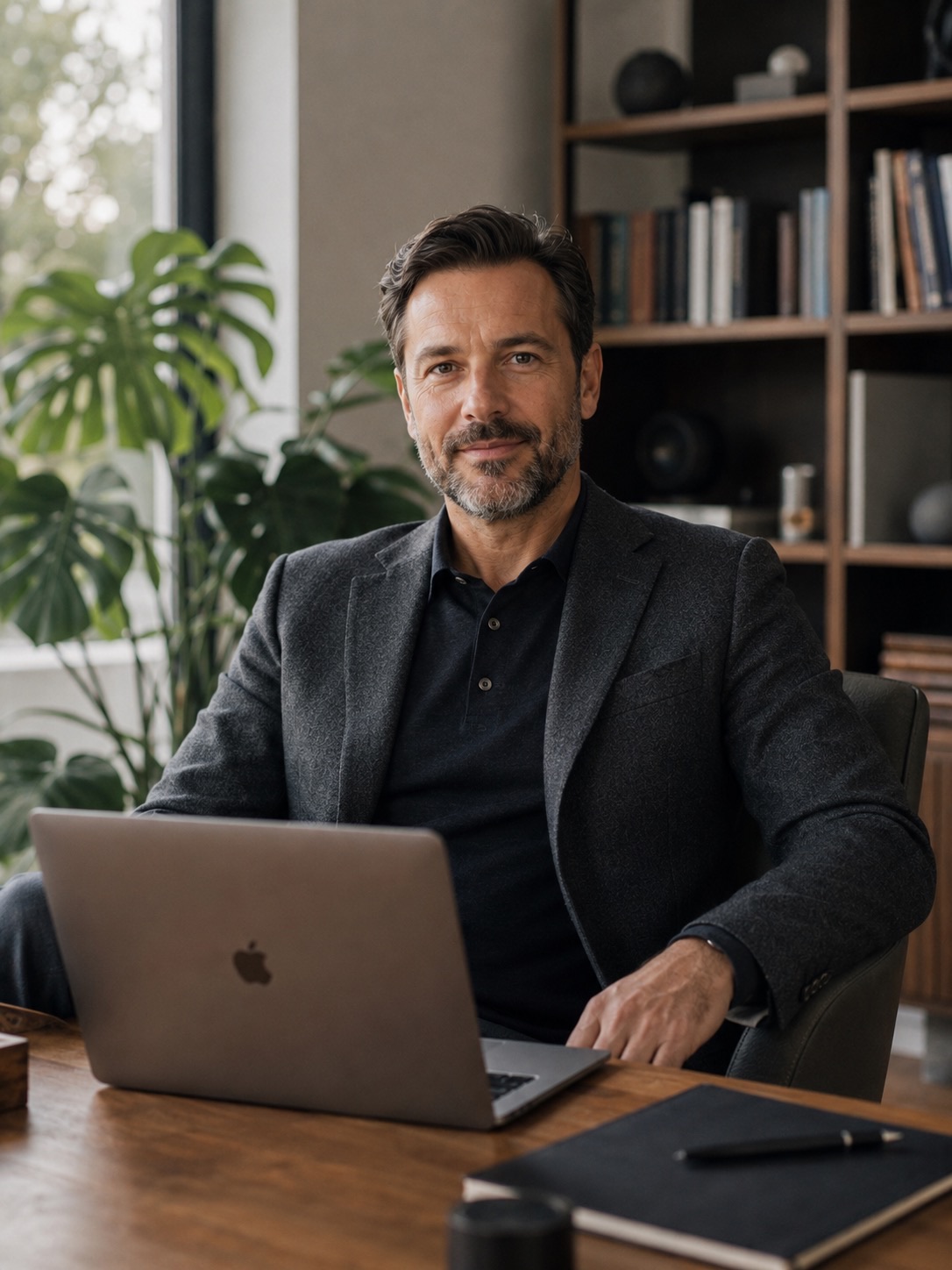 Berater im Blazer am Schreibtisch mit Apple-Laptop und Pflanze